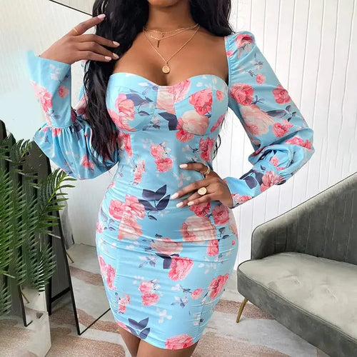 Floral Print Lantern Sleeve Bodycon Dress