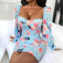 Load image into Gallery viewer, Floral Print Lantern Sleeve Bodycon Dress