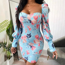 Load image into Gallery viewer, Floral Print Lantern Sleeve Bodycon Dress