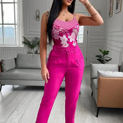 Floral Print Spaghetti Strap Top & High Waist Pants Set