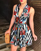 Load image into Gallery viewer, Floral Print Tie Waist Sleeveless Shirt Dress