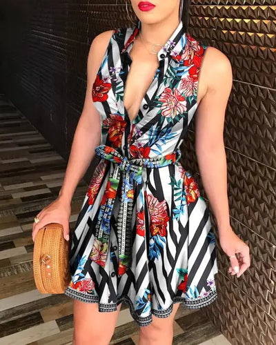 Floral Print Tie Waist Sleeveless Shirt Dress
