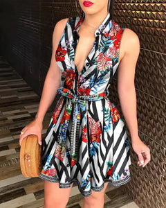Floral Print Tie Waist Sleeveless Shirt Dress