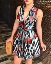 Load image into Gallery viewer, Floral Print Tie Waist Sleeveless Shirt Dress