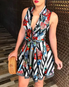 Floral Print Tie Waist Sleeveless Shirt Dress