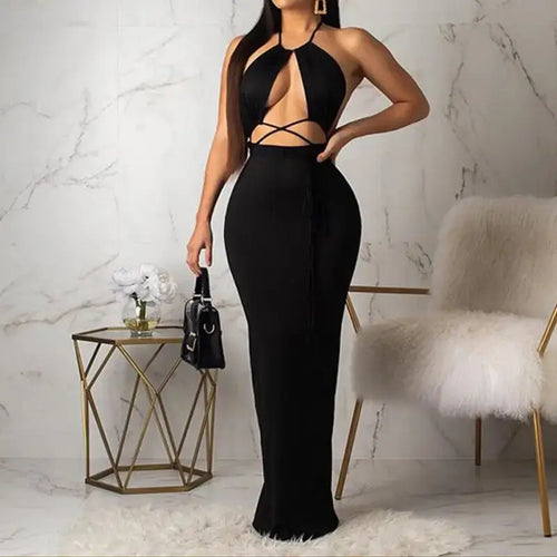 Front Cut Out and Cross Tie Mermaid Backless Maxi Dress
