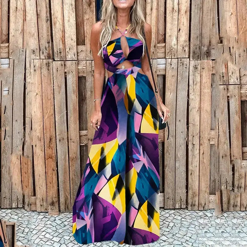 Geo Pattern Print Cutout Wide Leg Halter Jumpsuit
