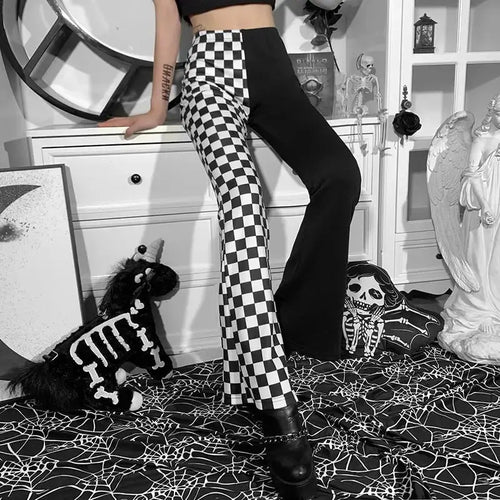 Geometry Print Grunge Elastic Waist Skinny Patchwork Flare Pants