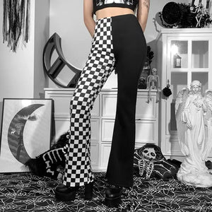Geometry Print Grunge Elastic Waist Skinny Patchwork Flare Pants