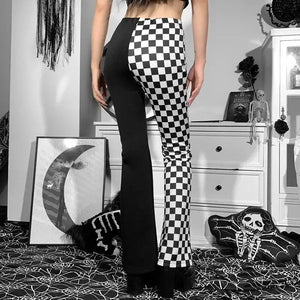 Geometry Print Grunge Elastic Waist Skinny Patchwork Flare Pants
