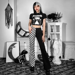 Geometry Print Grunge Elastic Waist Skinny Patchwork Flare Pants