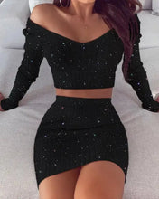 Load image into Gallery viewer, Glitter Off Shoulder Crop Top &amp; Skirt Sets