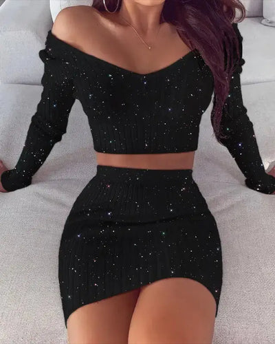 Glitter Off Shoulder Crop Top & Skirt Sets