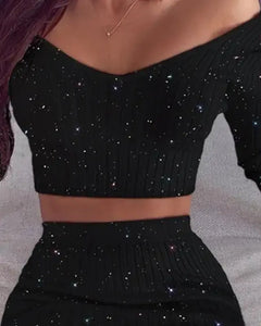 Glitter Off Shoulder Crop Top & Skirt Sets