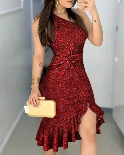 Glitter One Shoulder Twisted Ruffled Dress