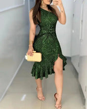 Load image into Gallery viewer, Glitter One Shoulder Twisted Ruffled Dress