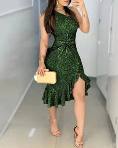 Glitter One Shoulder Twisted Ruffled Dress