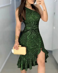 Glitter One Shoulder Twisted Ruffled Dress
