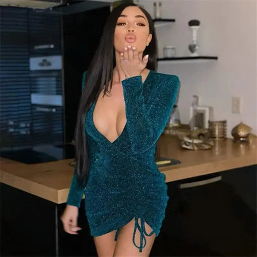 Glitter Wrap V Neck Pleated Long Sleeve Dress