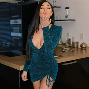Glitter Wrap V Neck Pleated Long Sleeve Dress