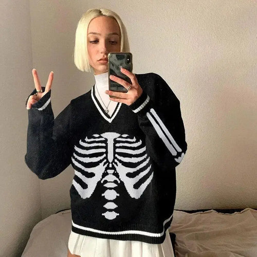 Gothic Skeleton Print V-Neck Knitted Top