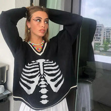 Load image into Gallery viewer, Gothic Skeleton Print V-Neck Knitted Top