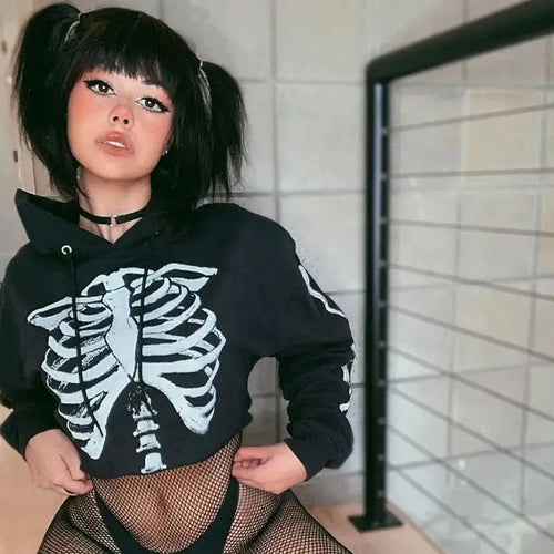 Gothic Skull Print Crop Hoodie