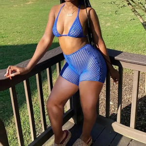 Halter Hallow-out Bikini Set With Cover Up Shorts