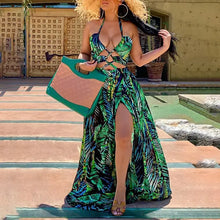 Load image into Gallery viewer, Halter Lace-UP Leaf Print Slit Maxi Dress