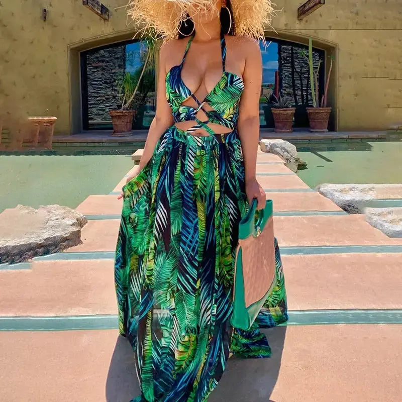 Halter Lace-UP Leaf Print Slit Maxi Dress