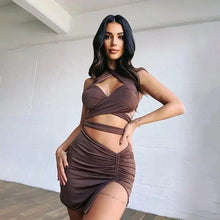 Load image into Gallery viewer, Halter Neck Bandage Backless Top &amp; Ruched Slit Mini Skirt