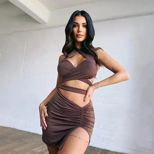 Halter Neck Bandage Backless Top & Ruched Slit Mini Skirt