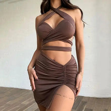 Load image into Gallery viewer, Halter Neck Bandage Backless Top &amp; Ruched Slit Mini Skirt