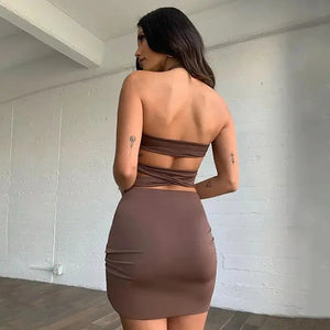 Halter Neck Bandage Backless Top & Ruched Slit Mini Skirt