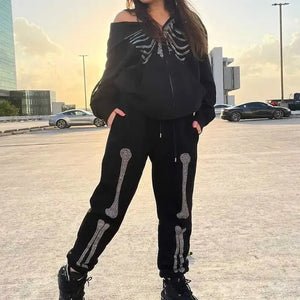 Harajuku Gothic Rhinestone Skeleton Print Joggers