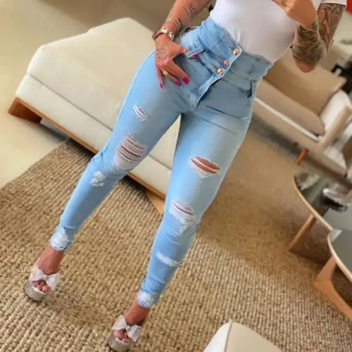 High Waist Button Design Skinny Jeans