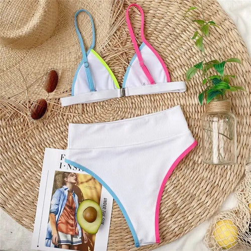 High Waist Patchwork Beachwear Bikini Set