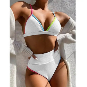 High Waist Patchwork Beachwear Bikini Set