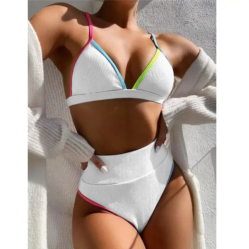 High Waist Patchwork Beachwear Bikini Set