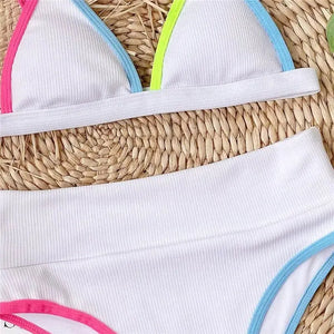 High Waist Patchwork Beachwear Bikini Set