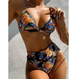 High Waist Patchwork Beachwear Bikini Set