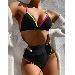 High Waist Patchwork Beachwear Bikini Set
