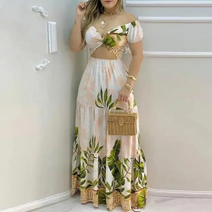 Hollow Out Print Summer V Neck Casual Dress