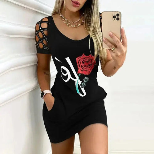 Hollow Out Short Sleeve Rose Print Bodycon Dress