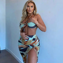 Load image into Gallery viewer, Irregular Printed Clubwear Halter Crop Tops and Ruched Slit Skirt