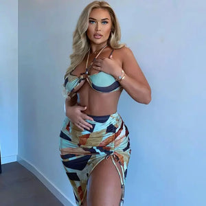 Irregular Printed Clubwear Halter Crop Tops and Ruched Slit Skirt