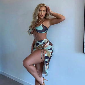 Irregular Printed Clubwear Halter Crop Tops and Ruched Slit Skirt