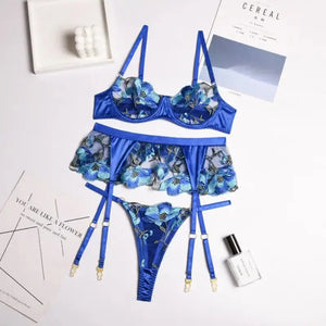 Lace Embroidery Bra & Panty 3-Piece Lingerie Set