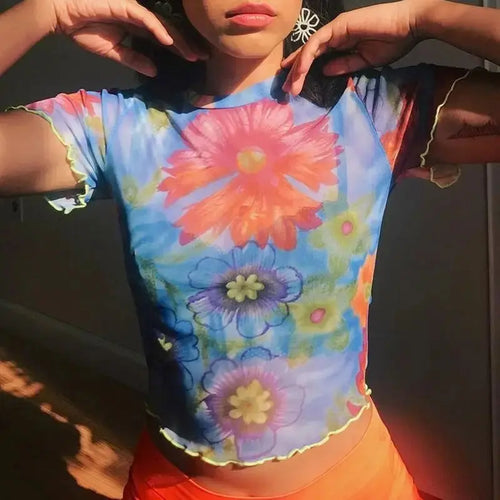Lace Frilly Short Sleeve Crop Top 90s Vintage Tee