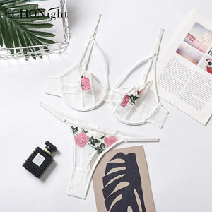 Lace Hollow Out Wire Bra Thong Garters Suspender 3Pc Set